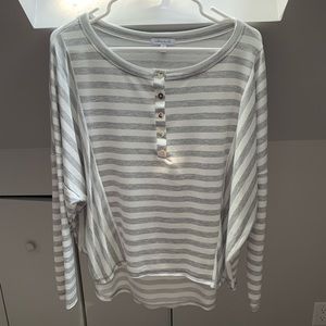 White & Grey Striped Top w/ Faux Buttons